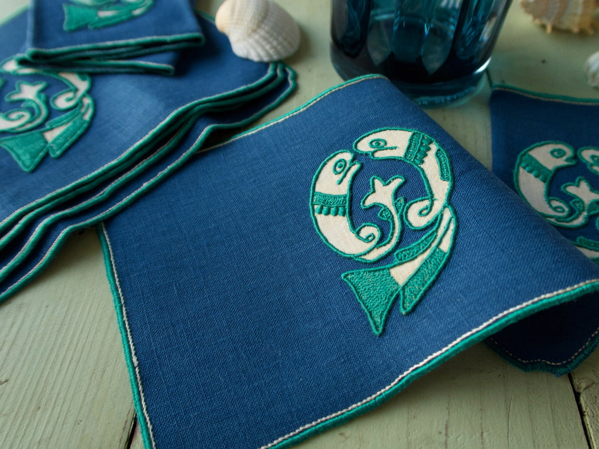Stylized Fish Vintage Madeira Linen Cocktail Napkins, Set of 8