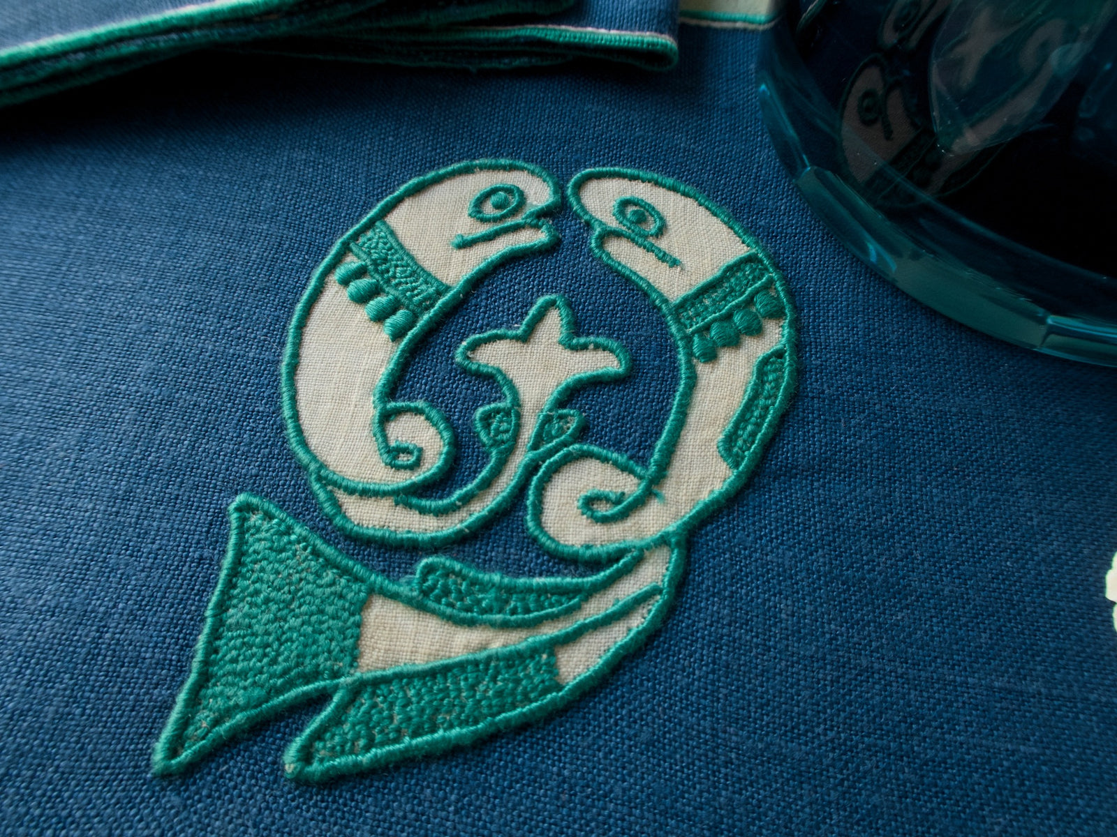 Stylized Fish Vintage Madeira Linen Cocktail Napkins, Set of 8