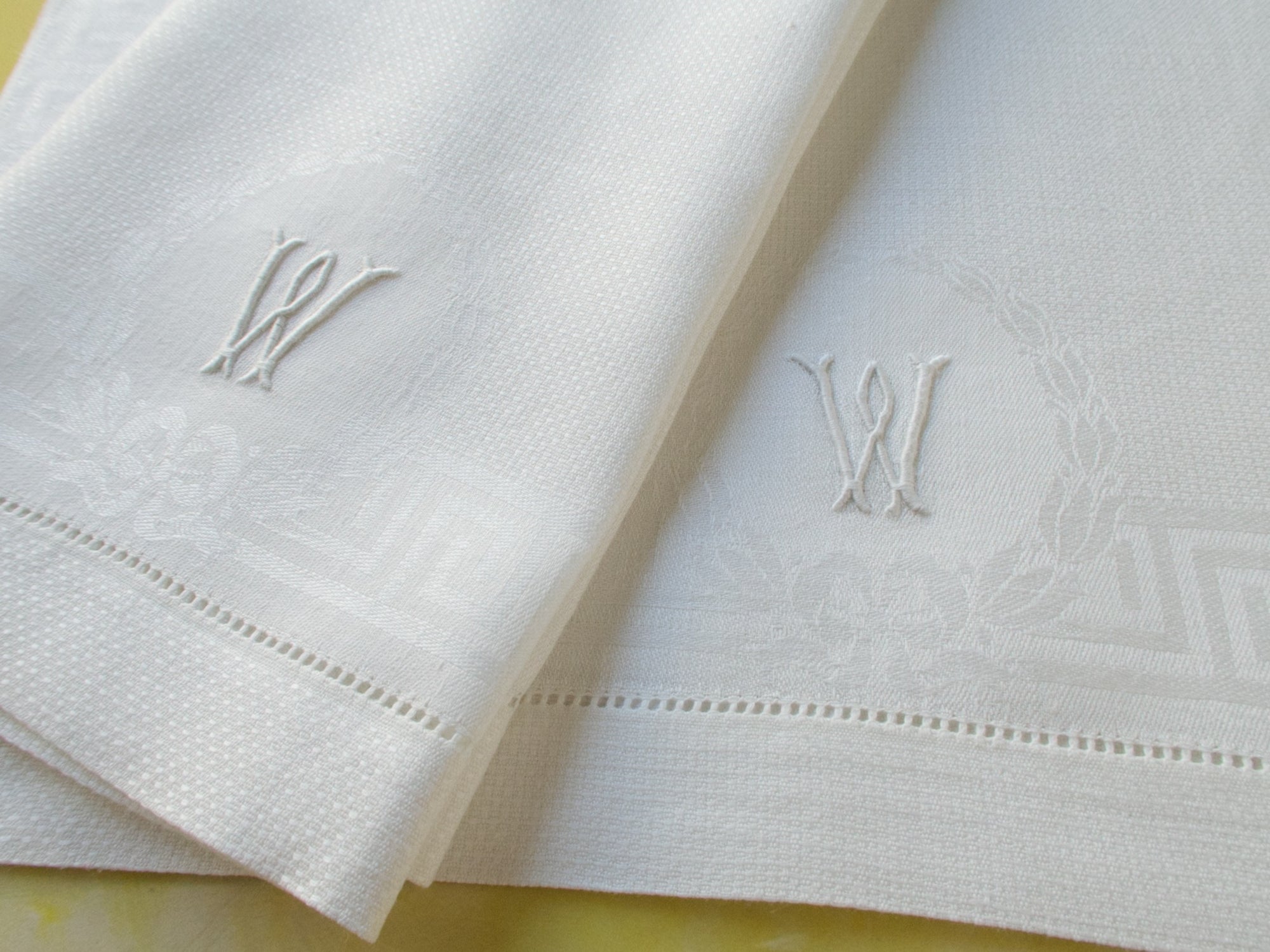 "W" Monogram Huck Damask Linen Towels, Set of 2