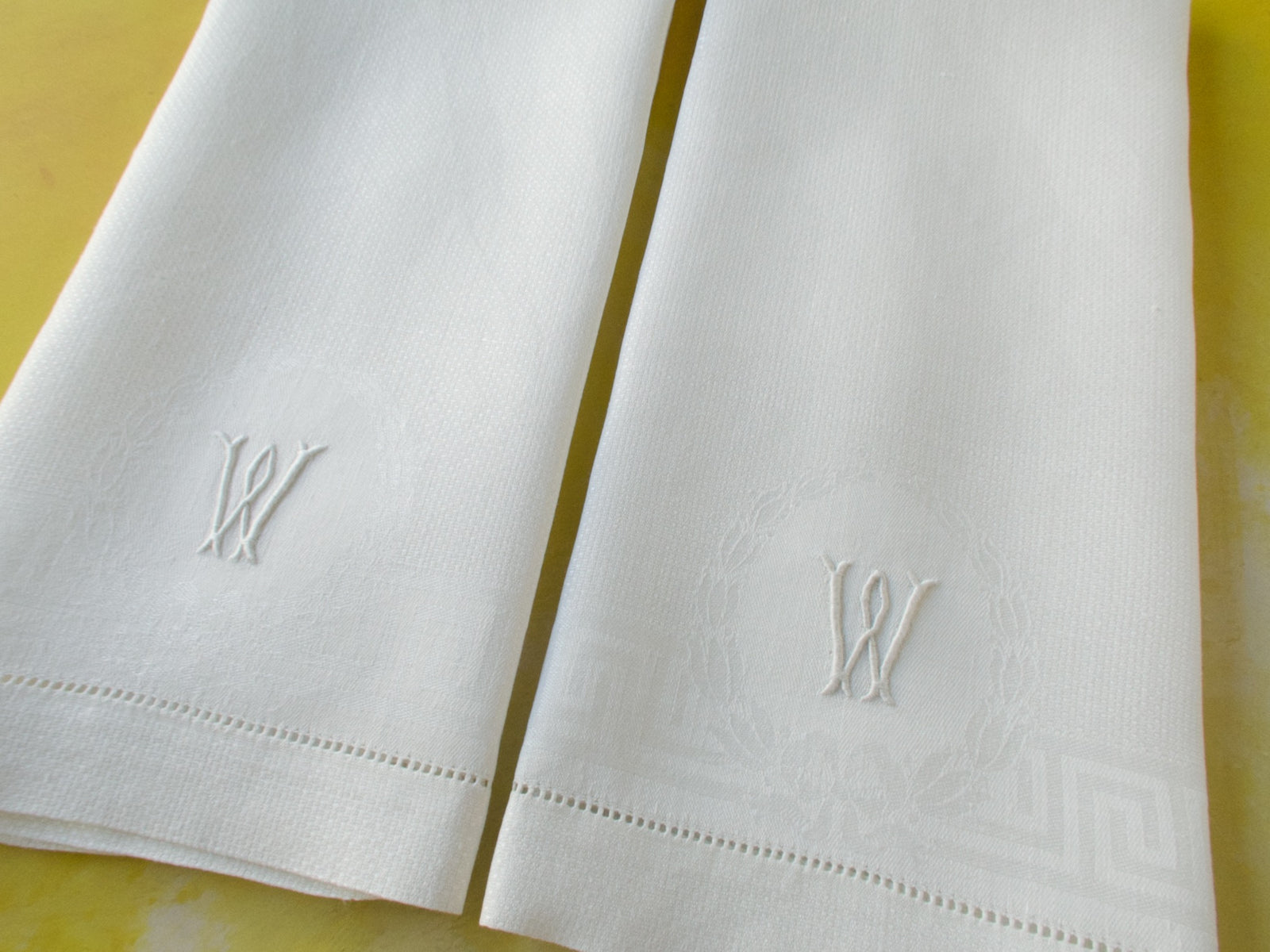 "W" Monogram Huck Damask Linen Towels, Set of 2