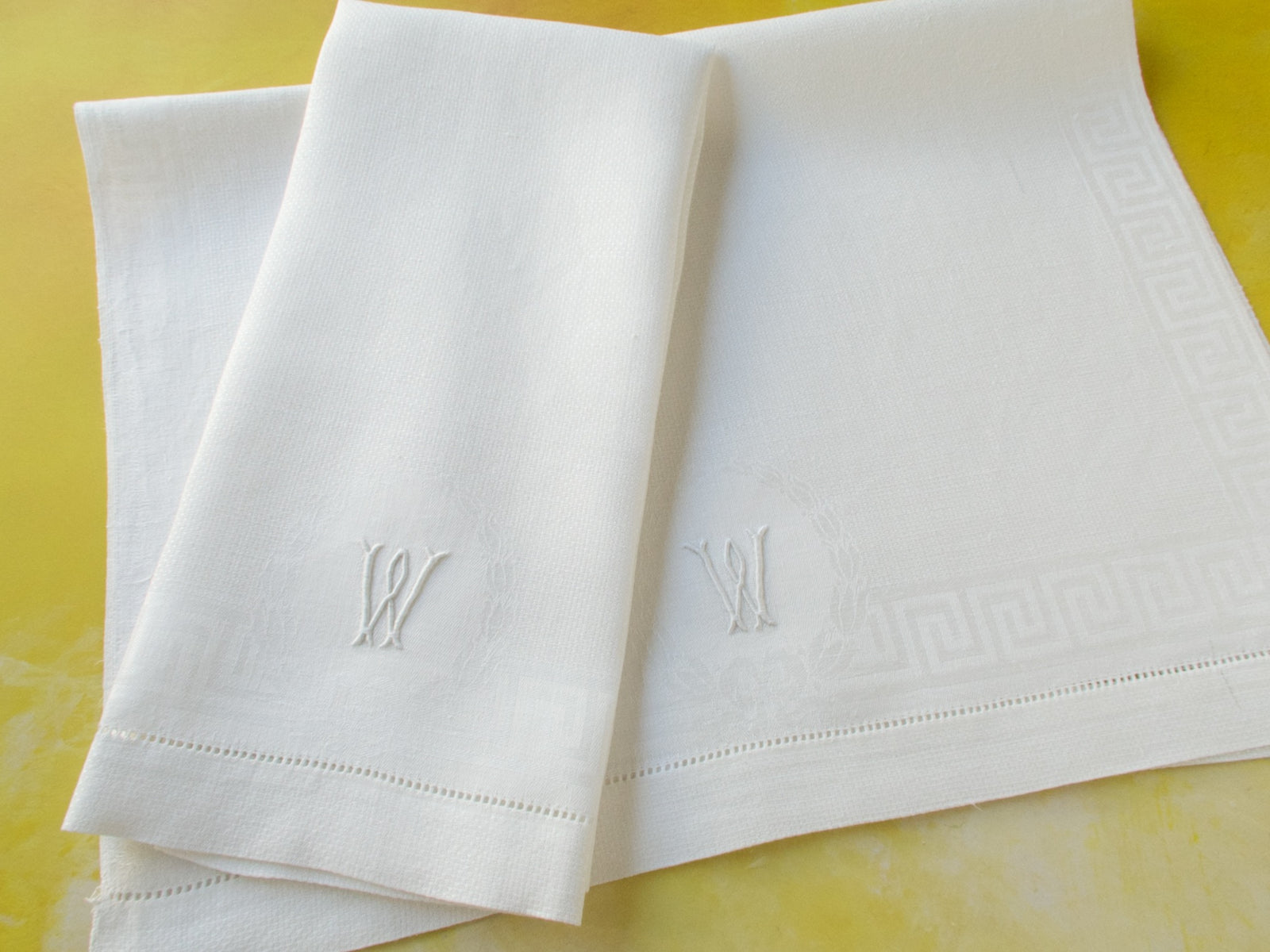 "W" Monogram Huck Damask Linen Towels, Set of 2