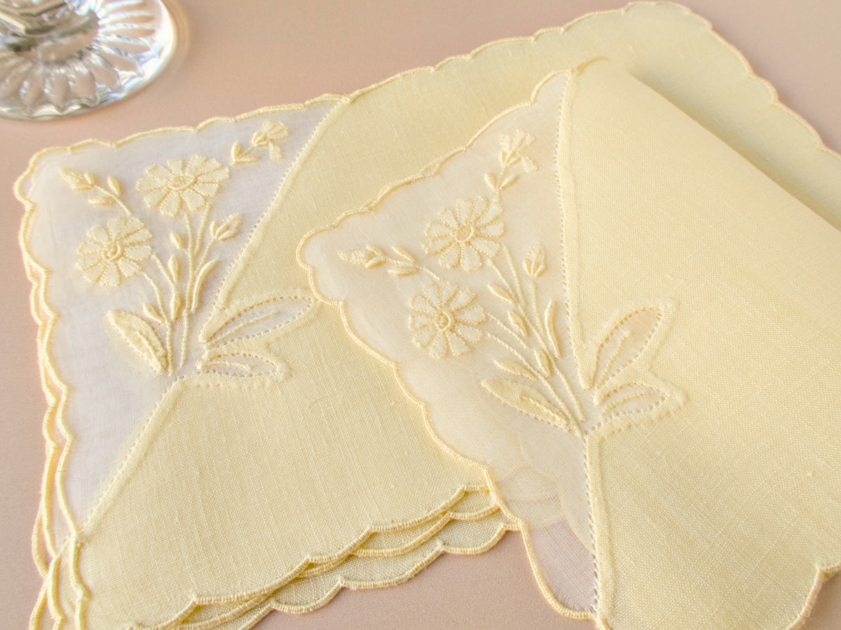 Vintage Madeira linen cocktail napkins, hand embroidered flowers in organdy window, scalloped edges, soft yellow, set of 6