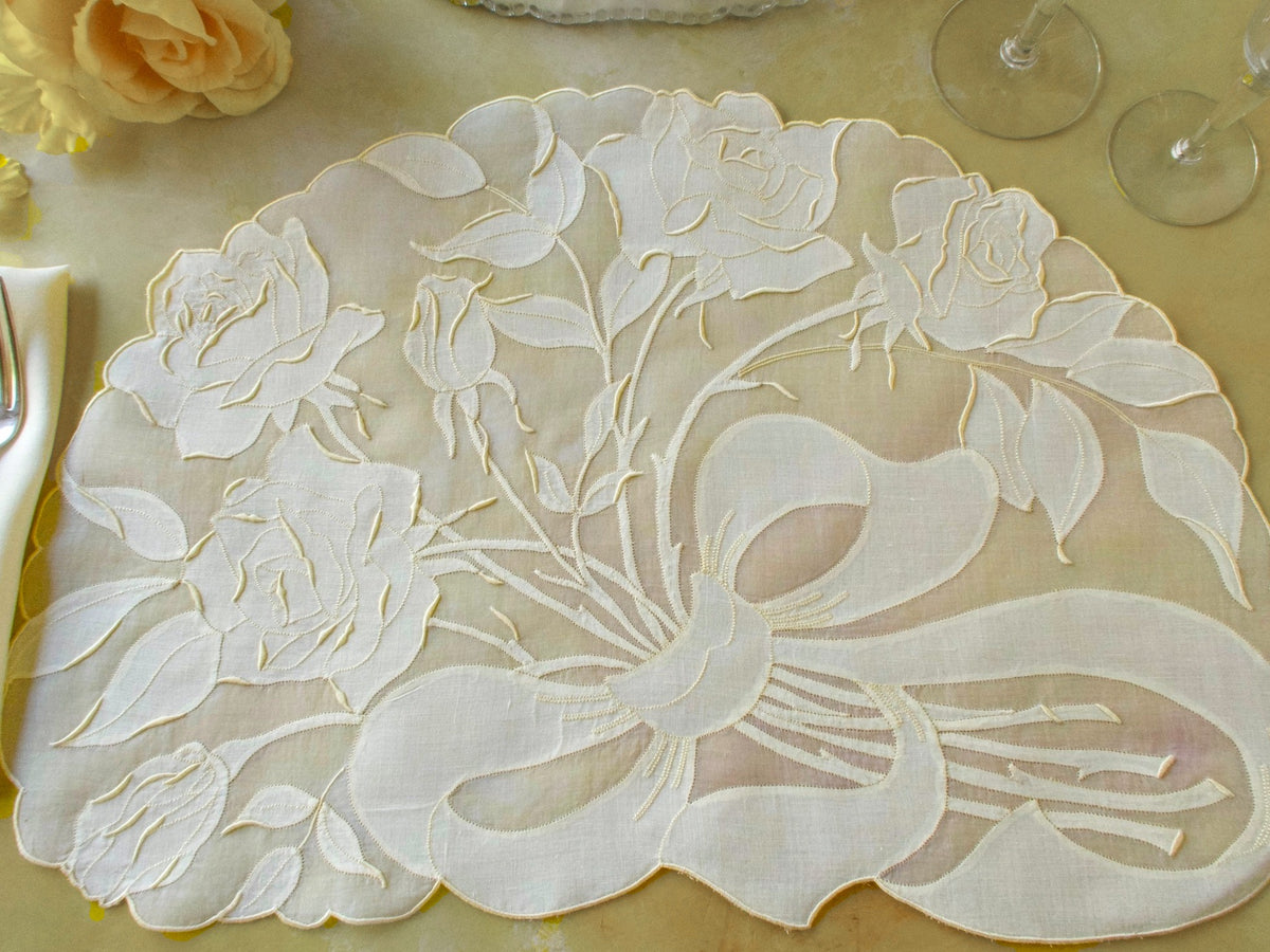 Yellow Roses Vintage Madeira 12pc Organdy Placemat Set for 6