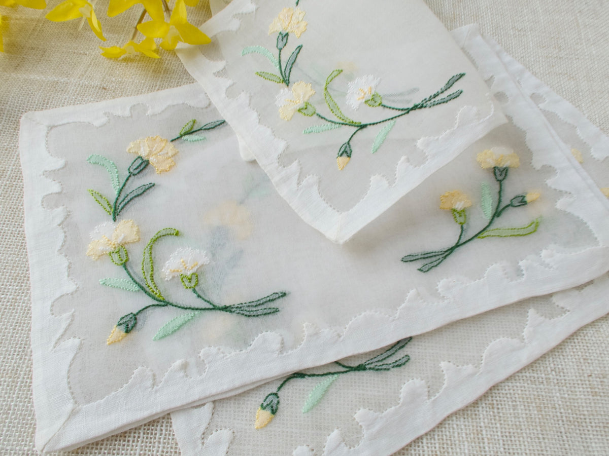 Yellow Flowers Vintage Madeira Organdy Cocktail Napkins, Set of 4