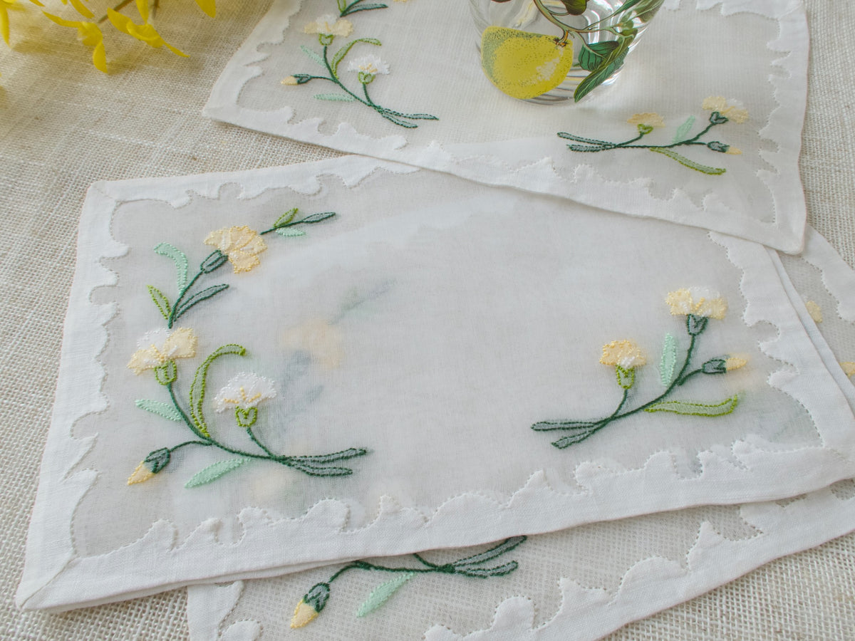 Yellow Flowers Vintage Madeira Organdy Cocktail Napkins, Set of 4