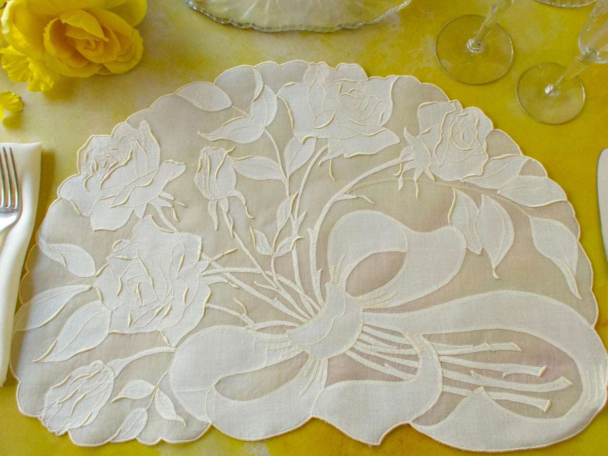 Yellow Roses Vintage Madeira 12pc Organdy Placemat Set for 6