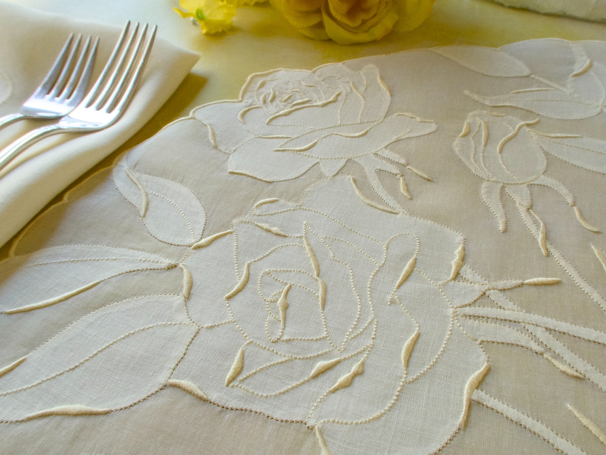 Yellow Roses Vintage Madeira 12pc Organdy Placemat Set for 6