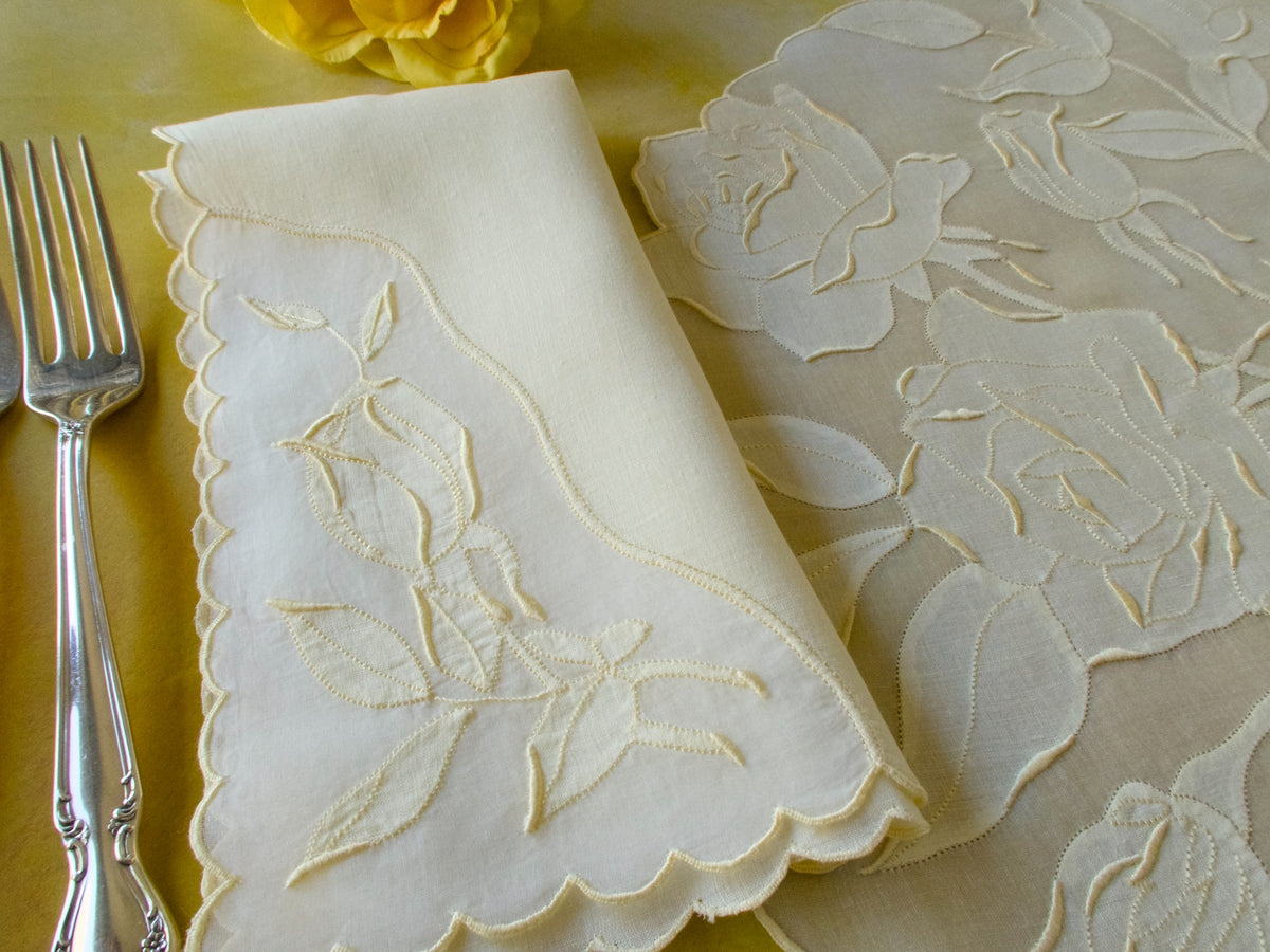Yellow Roses Vintage Madeira 12pc Organdy Placemat Set for 6