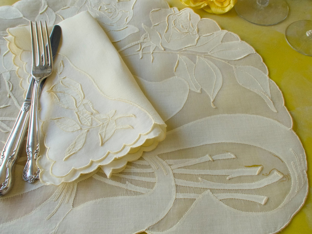 Yellow Roses Vintage Madeira 12pc Organdy Placemat Set for 6