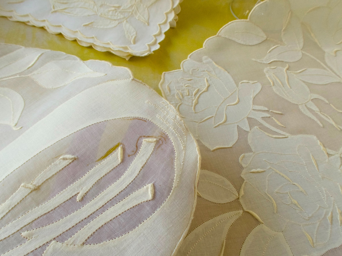 Yellow Roses Vintage Madeira 12pc Organdy Placemat Set for 6