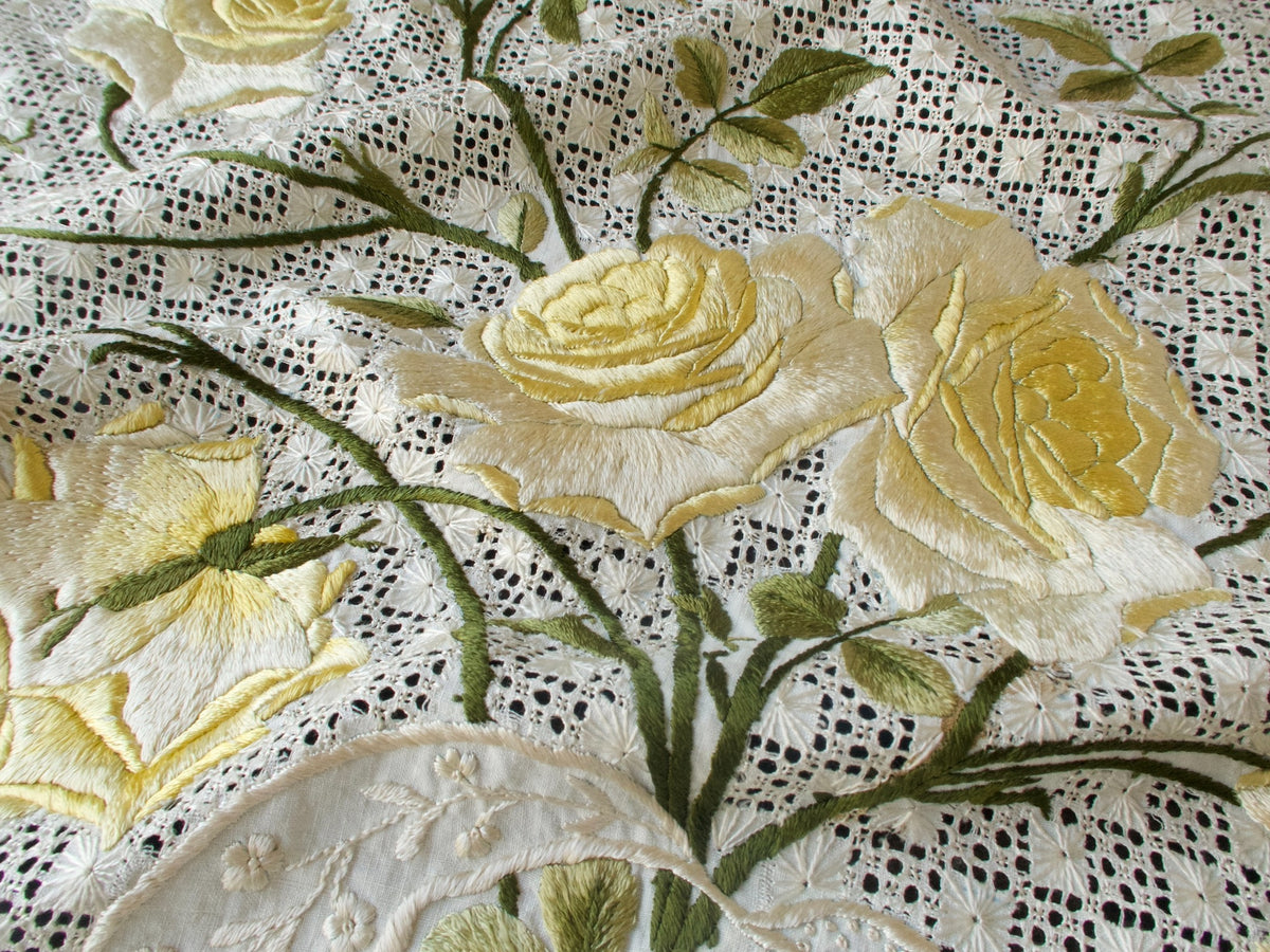 Yellow Roses Vintage Silk Society Embroidery Tablecloth Topper 35&quot;