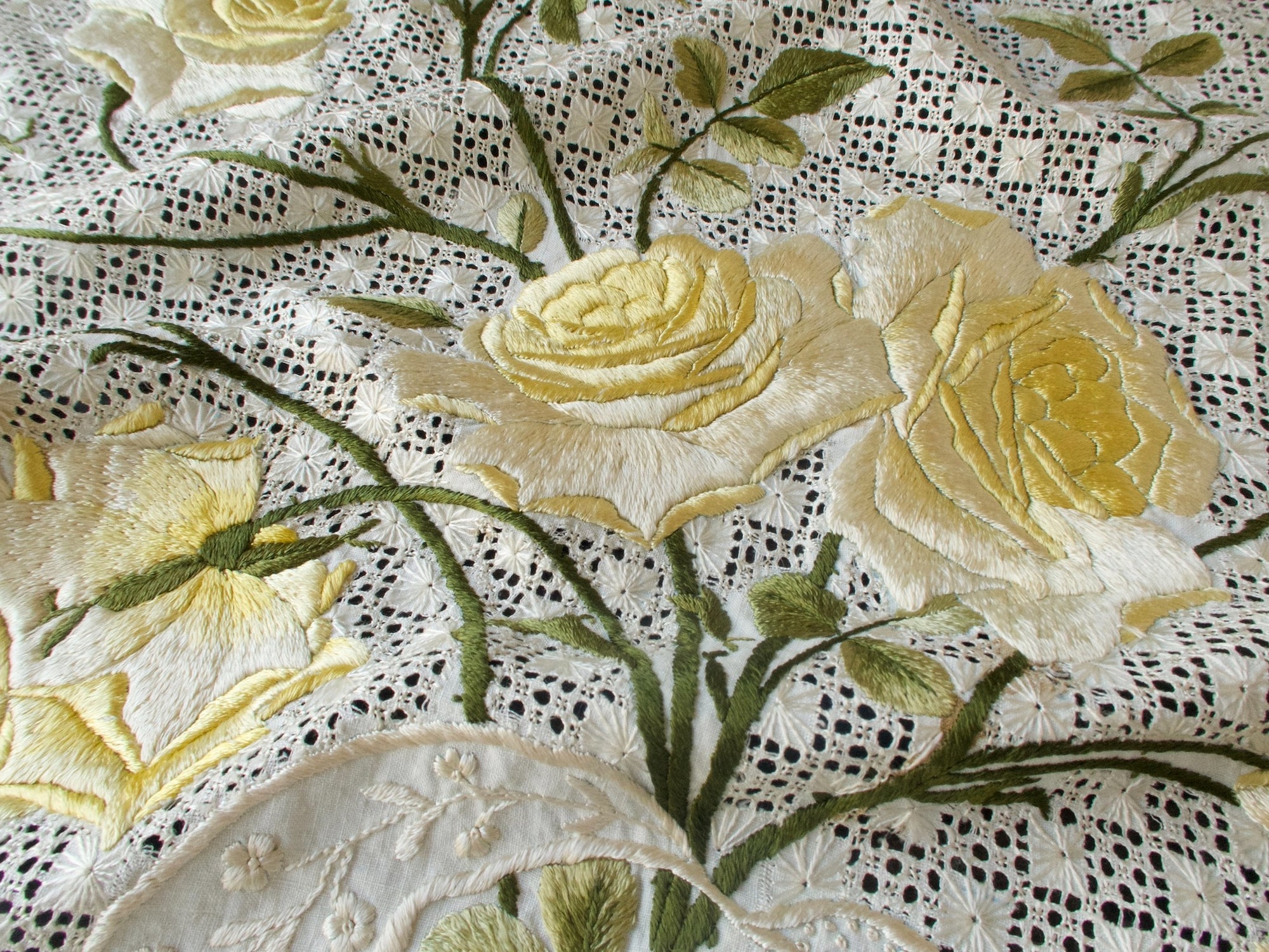Yellow Roses Vintage Silk Society Embroidery Tablecloth Topper 35"