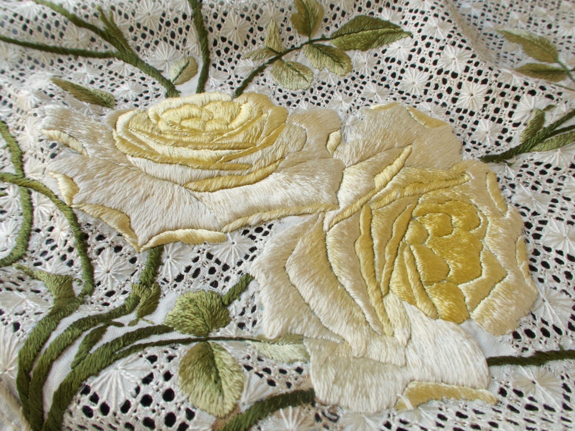 Yellow Roses Vintage Silk Society Embroidery Tablecloth Topper 35"