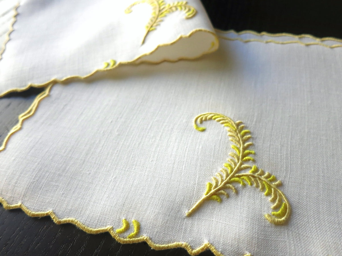 Yellow Plumes Vintage Madeira Linen Cocktail Napkins ~ Set of 6