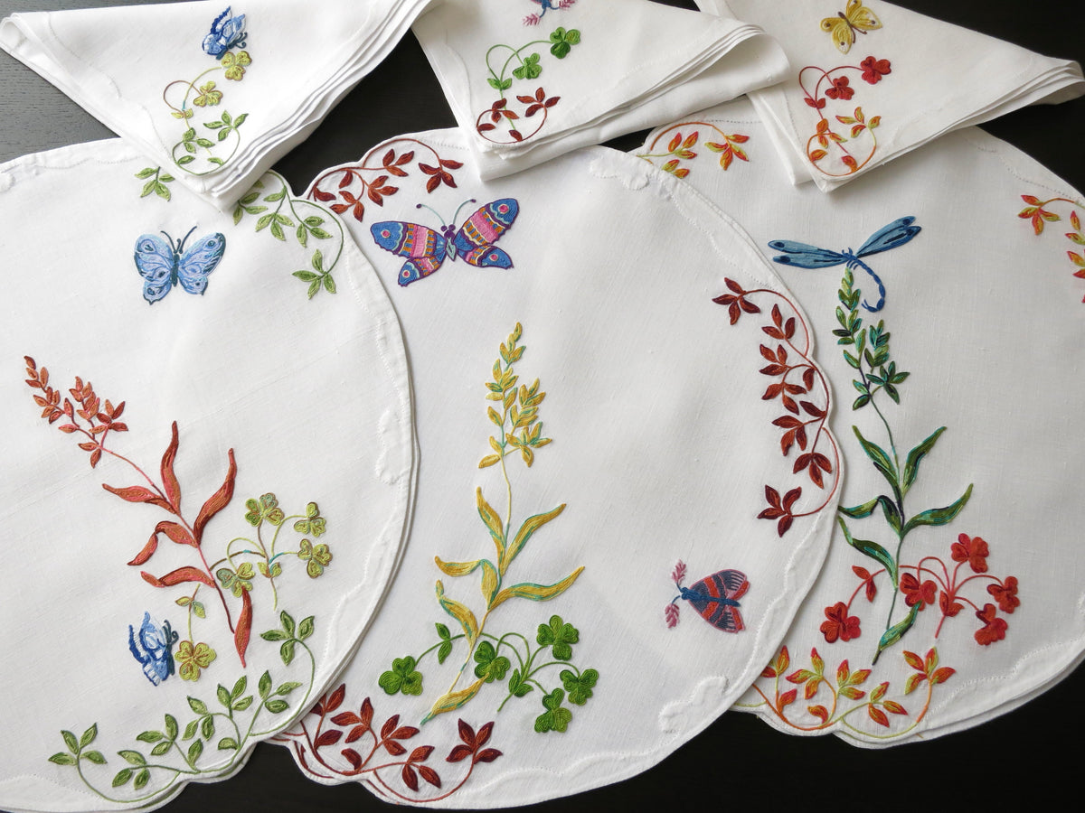 Dragonflies Butterflies Moths Vintage D Porthault Linen Placemat Setting for 8 + 1