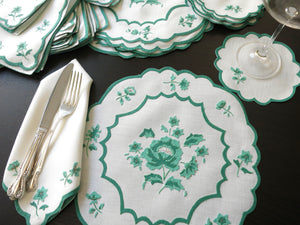 Flowers in Green Vintage French D Porthault 36pc Linen Placemat Setting for 12
