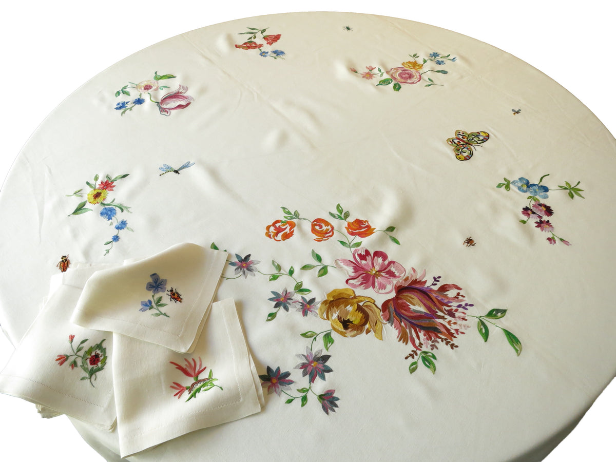 Insects &amp; Flowers Vintage D Porthault Beauvais Round 74&quot; Tablecloth 12 Napkins