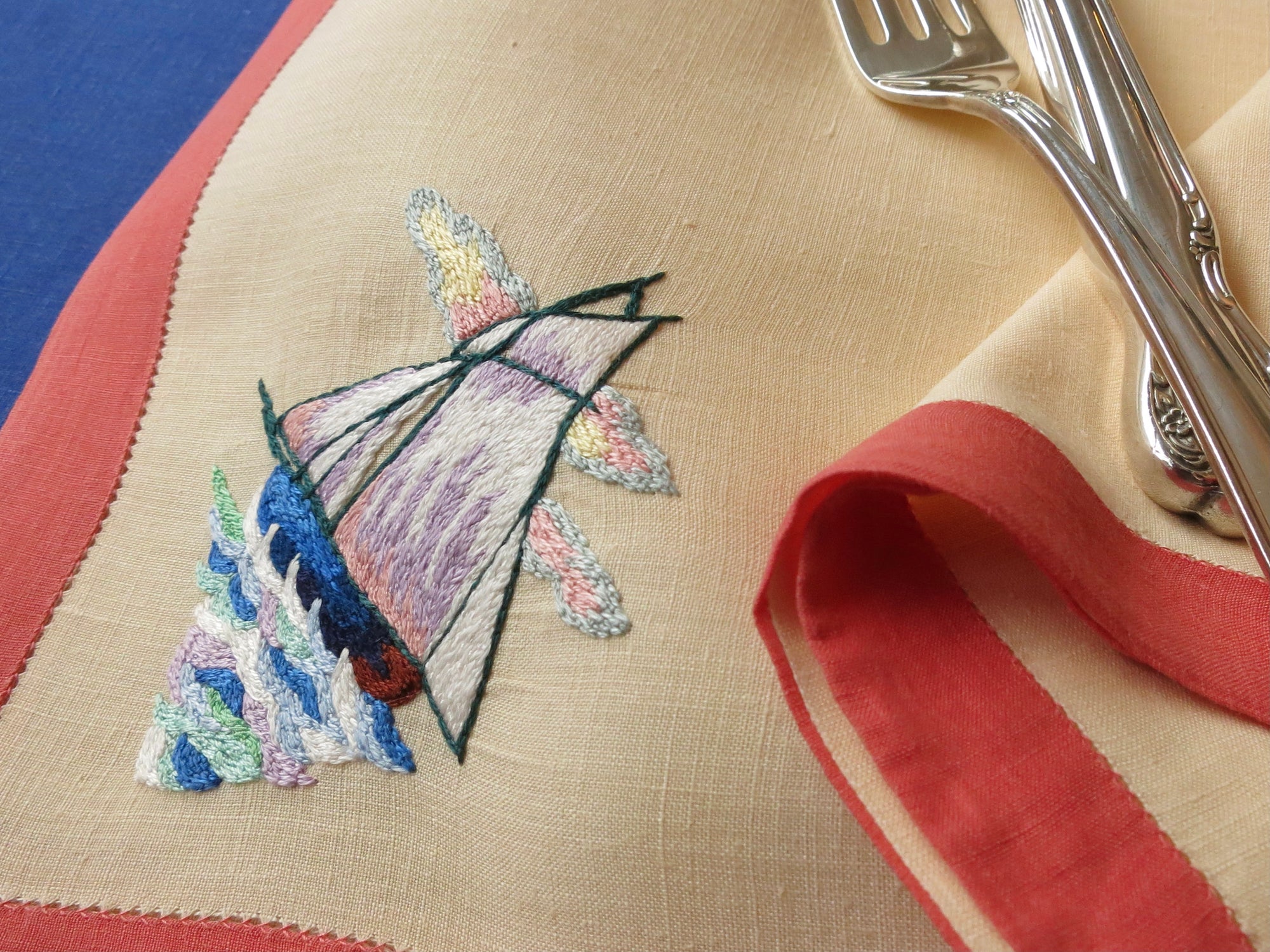 Sailing Boats Nautical Vintage D Porthault Embroidered XL Linen Napkins ~ Set of 12