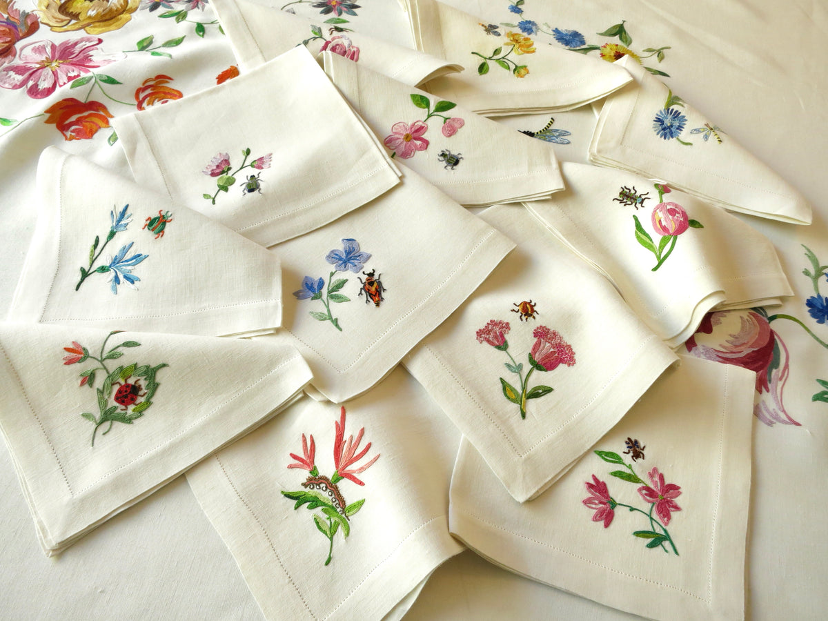 Insects &amp; Flowers Vintage D Porthault Beauvais Round 74&quot; Tablecloth 12 Napkins