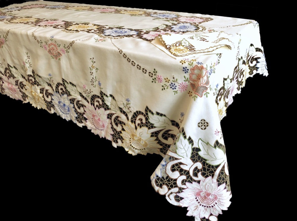 Colorful Flowers Vintage Madeira Hand Embroidered 104&quot; Tablecloth &amp; 12 Napkins