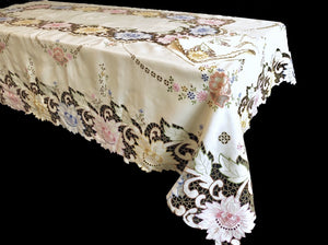 Colorful Flowers Vintage Madeira Hand Embroidered 104" Tablecloth & 12 Napkins