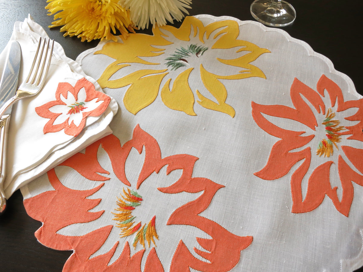 Tropical Vintage French D Porthault 16pc Linen Placemat Setting for 8