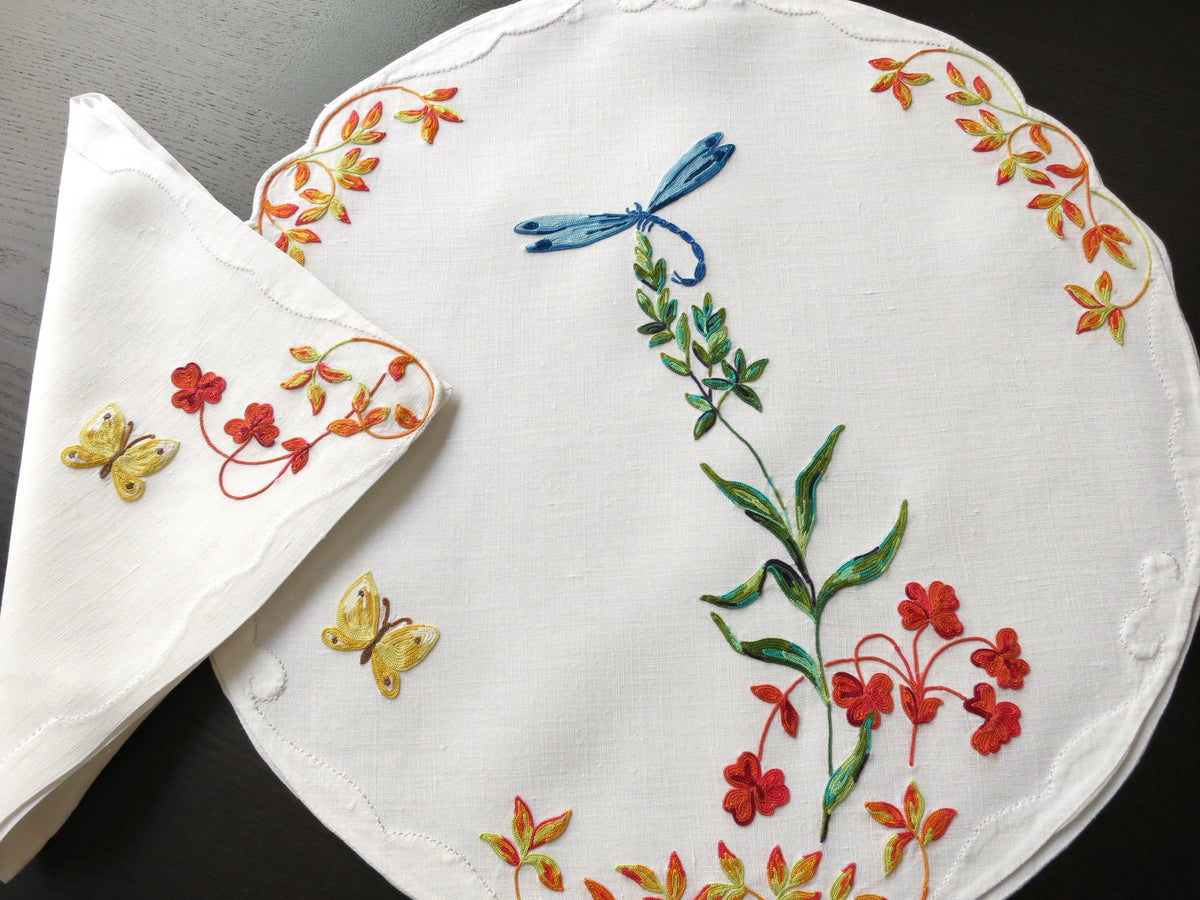 Dragonflies Butterflies Moths Vintage D Porthault Linen Placemat Setting for 8 + 1