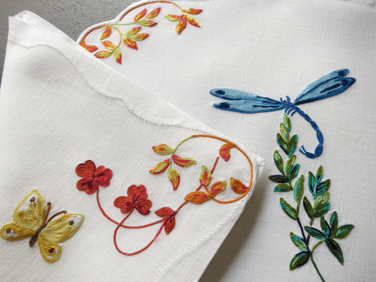 Dragonflies Butterflies Moths Vintage D Porthault Linen Placemat Setting for 8 + 1