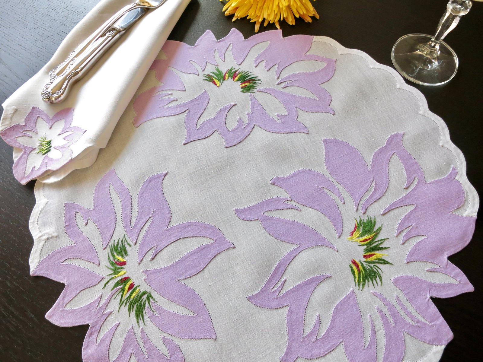 Tropical Vintage French D Porthault 16pc Linen Placemat Setting for 8