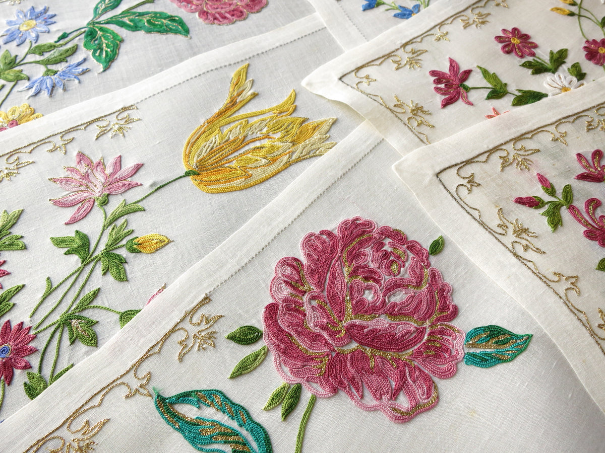 Flowers &amp; Gold Vintage D Porthault Beauvais Embroidery Placemat Setting for 12