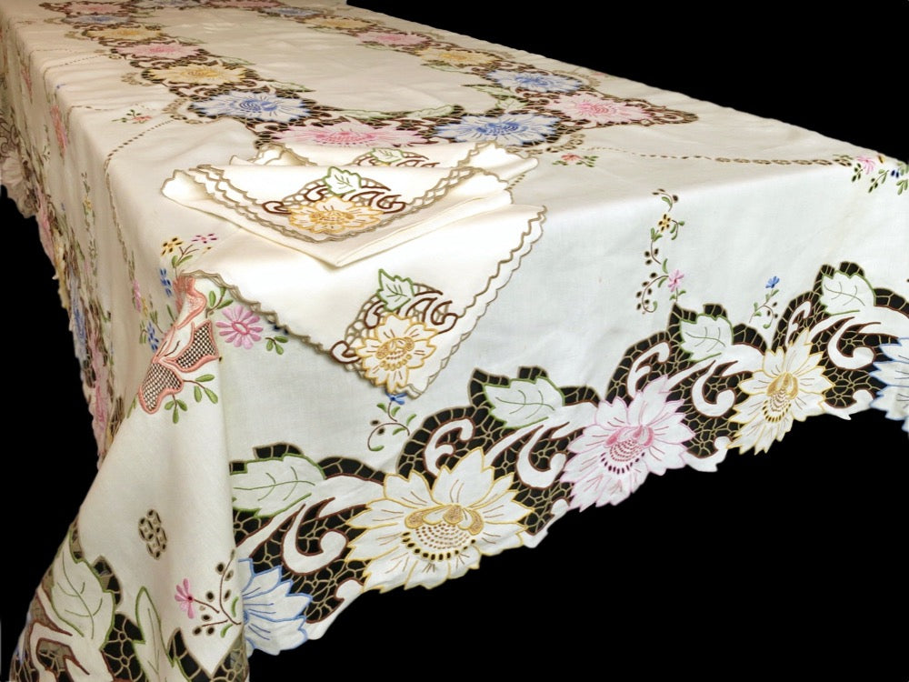 Colorful Flowers Vintage Madeira Hand Embroidered 104&quot; Tablecloth &amp; 12 Napkins