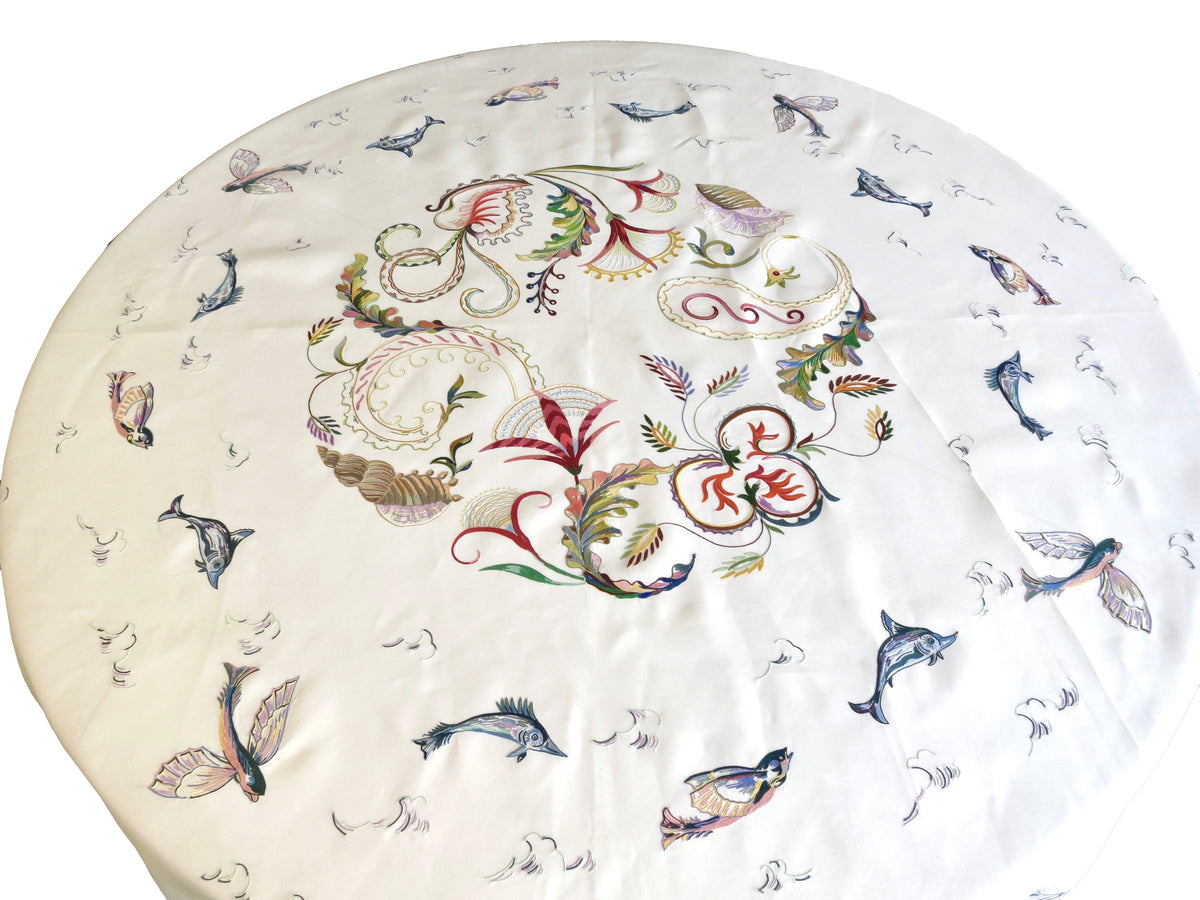 Fish Marine Life Vintage D Porthault Beauvais Embroidery Round Tablecloth &amp; Napkins