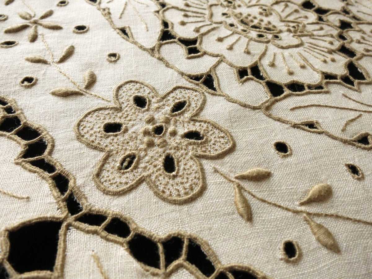 Antique Madeira Embroidery Cutwork 64&quot; Round Tablecloth &amp; 6 Napkins