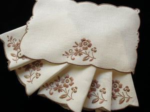 Maroon Flowers Vintage Madeira Linen Cocktail Napkins - Set of 6