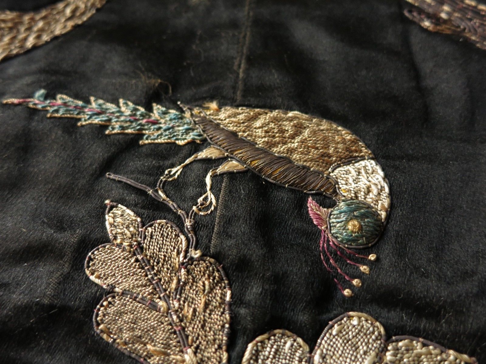 Tree of Life w/ Birds Antique 19thC Embroidered Silk Panel 65x104