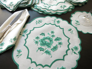 Flowers in Green Vintage French D Porthault 36pc Linen Placemat Setting for 12