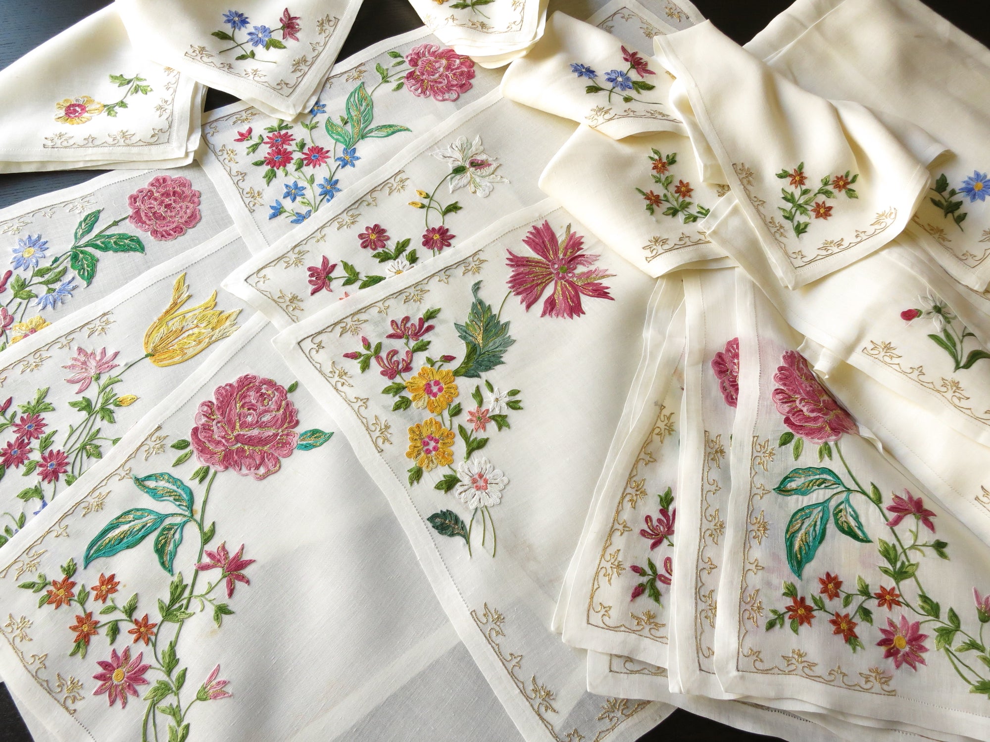 Flowers & Gold Vintage D Porthault Beauvais Embroidery Placemat Setting for 12