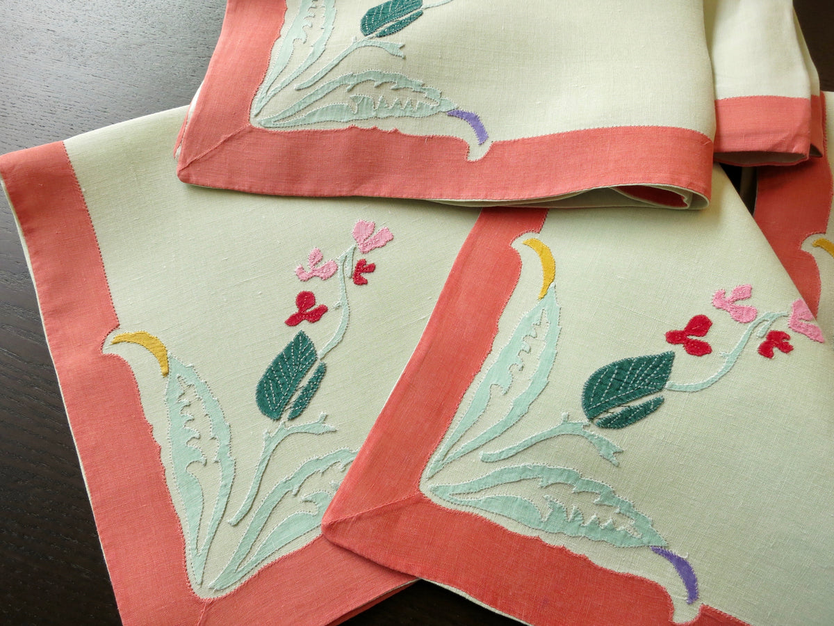 Flowers in Appliqué Vintage D Porthault Linen 19&quot; Napkins ~ Set of 12