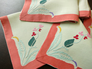 Flowers in Appliqué Vintage D Porthault Linen 19" Napkins ~ Set of 12