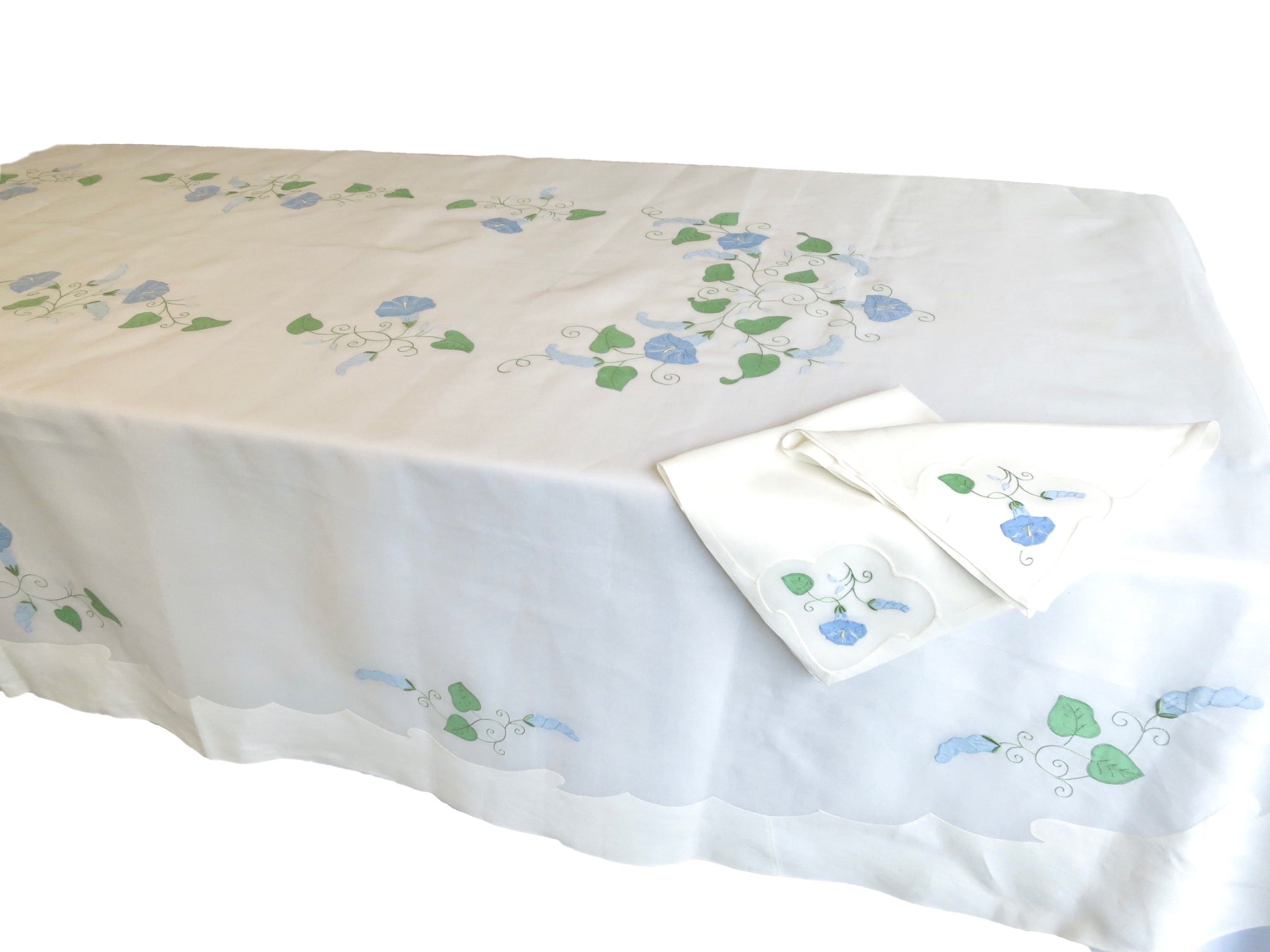 Morning Glory Vintage Madeira Organdy Oval Tablecloth & 12 Napkins
