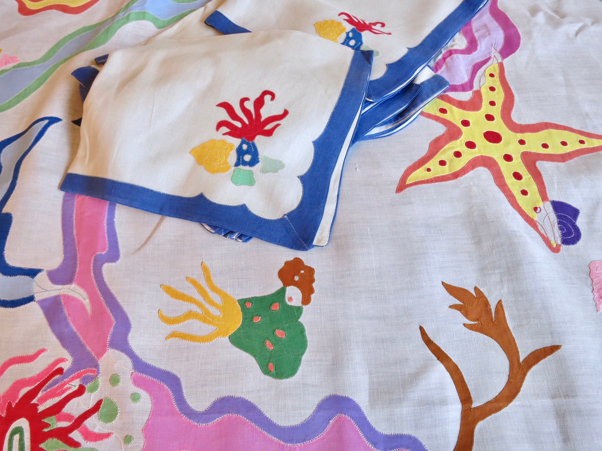 Matisse Inspired Sea Life Hand Appliqué D Porthault 70x108" Tablecloth & Napkins