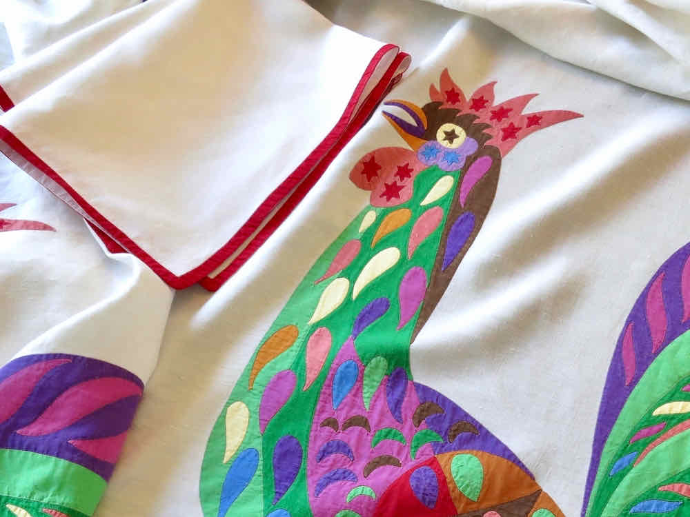 Vintage D Porthault Appliqué Roosters 70x130&quot; Tablecloth &amp; 12 Napkins