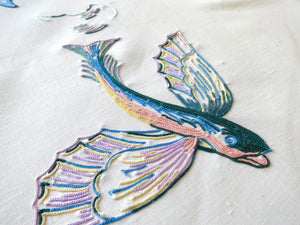Fish Marine Life Vintage D Porthault Beauvais Embroidery Round Tablecloth & Napkins