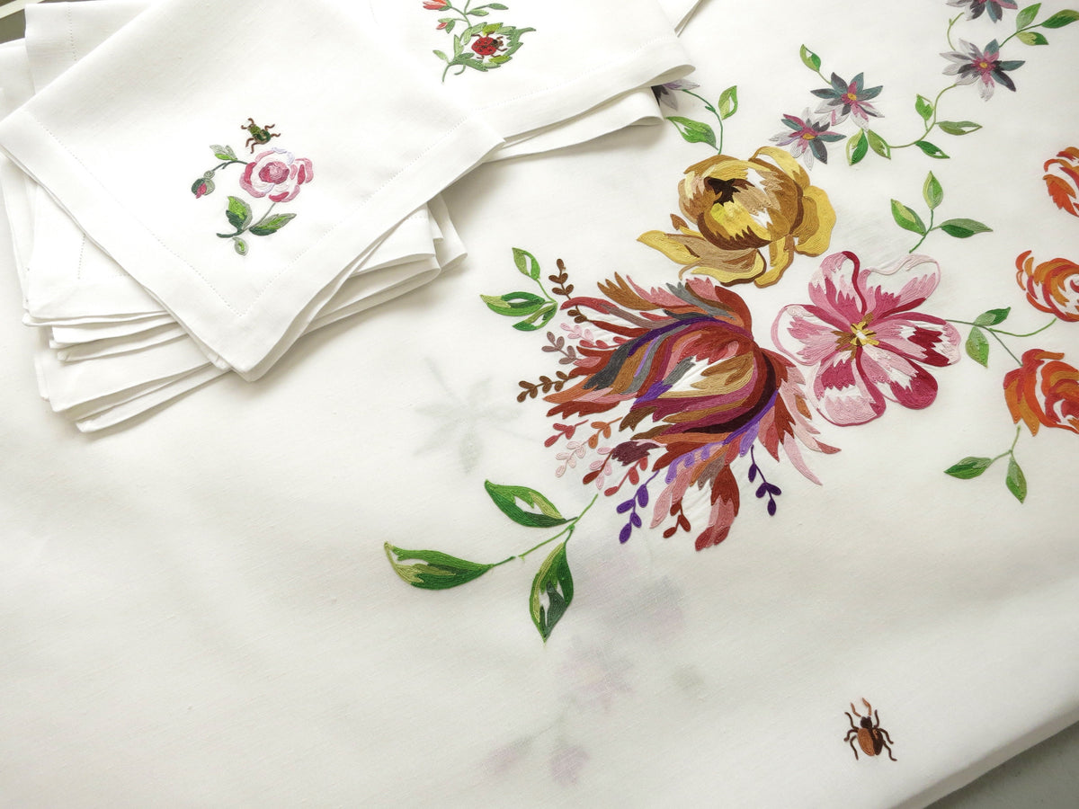 Insects &amp; Flowers Vintage D Porthault Beauvais Round 74&quot; Tablecloth 12 Napkins