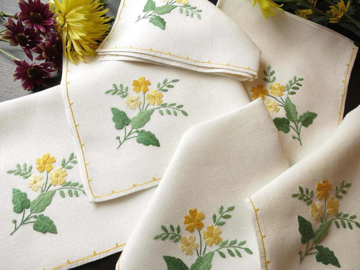 Yellow Flowers Vintage Italian Embroidered Large Linen Dinner Napkins ~ Set of 12