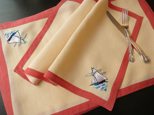 Sailing Boats Nautical Vintage D Porthault Embroidered XL Linen Napkins ~ Set of 12
