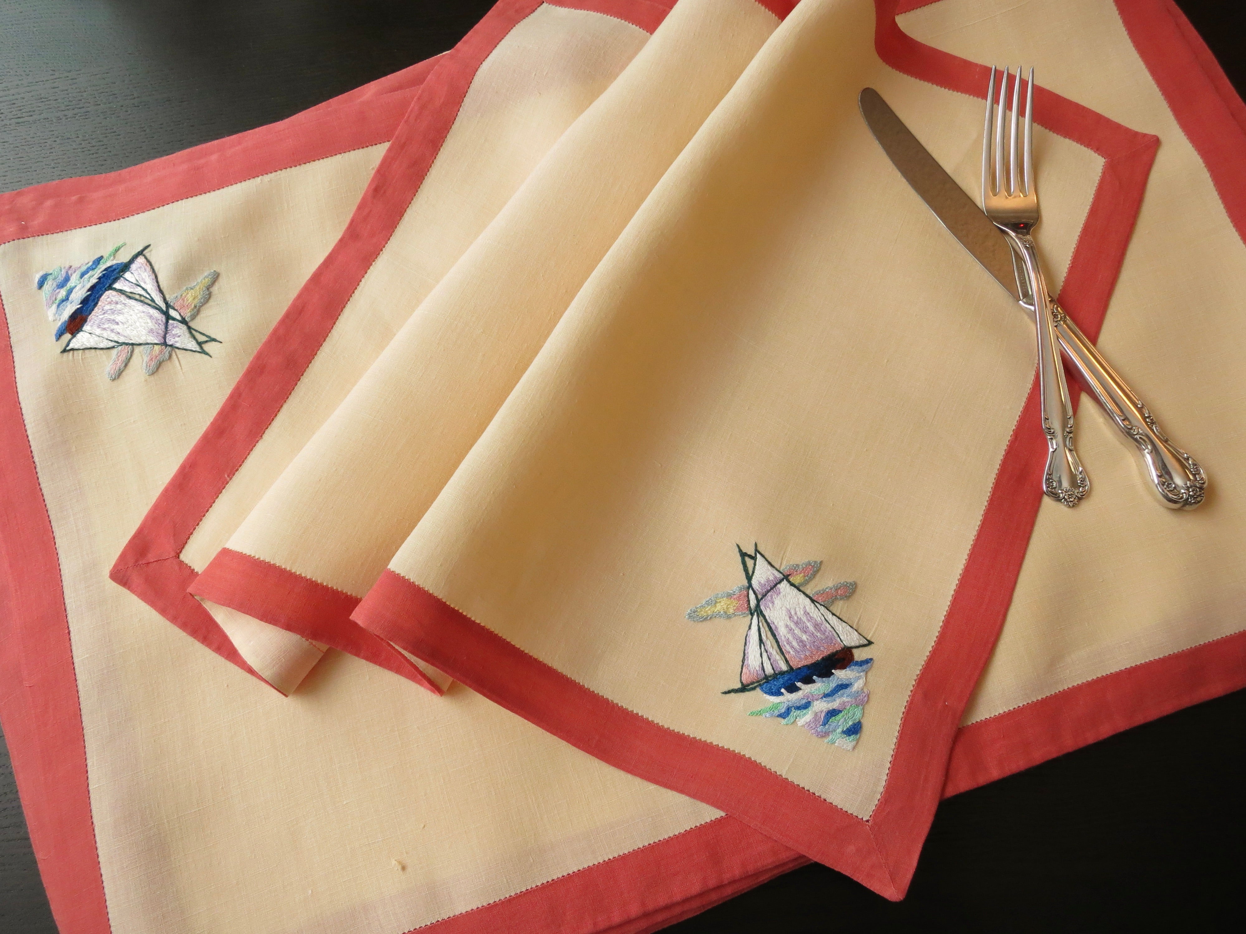 Sailing Boats Nautical Vintage D Porthault Embroidered XL Linen