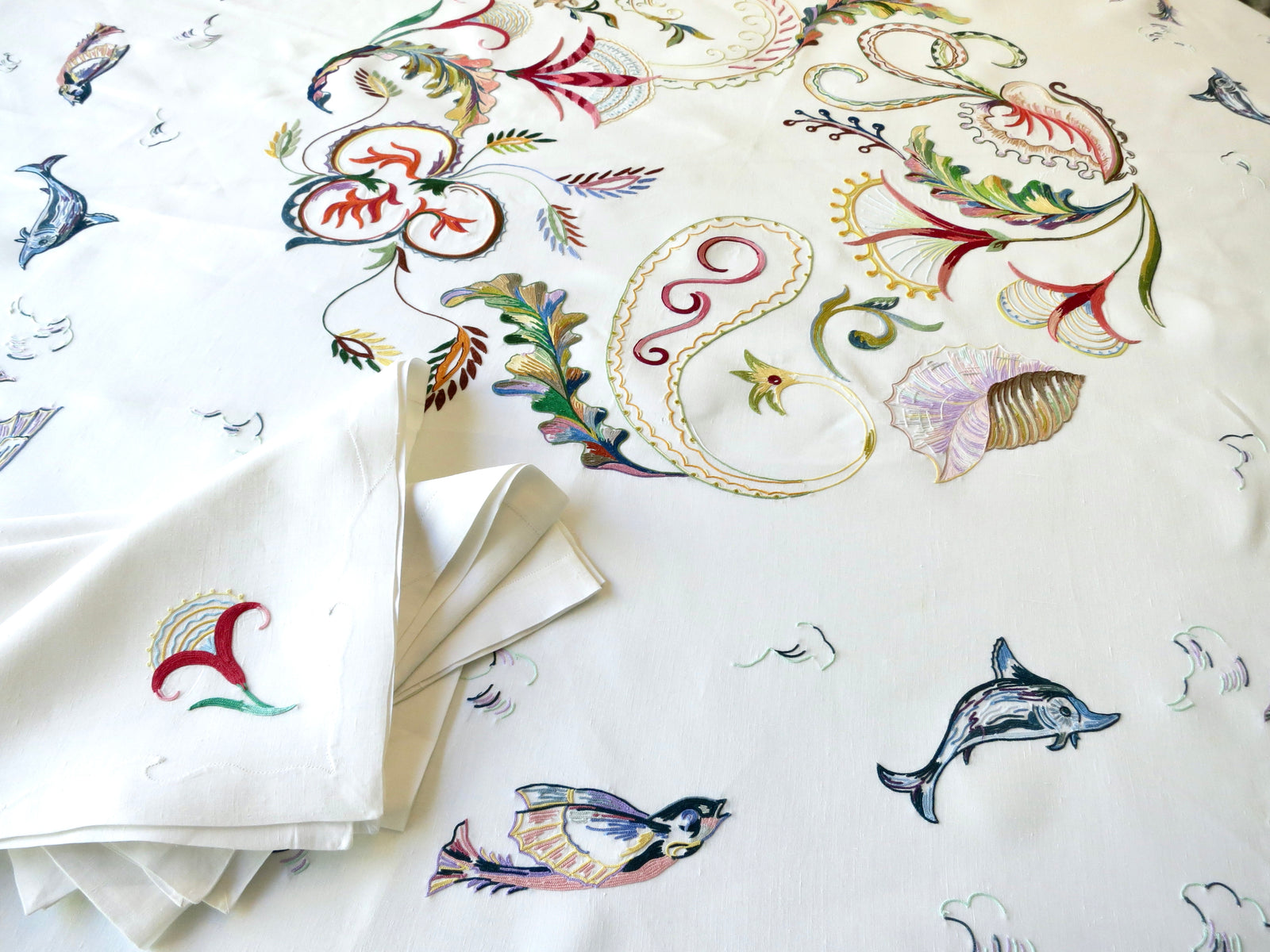 Fish Marine Life Vintage D Porthault Beauvais Embroidery Round Tablecloth & Napkins