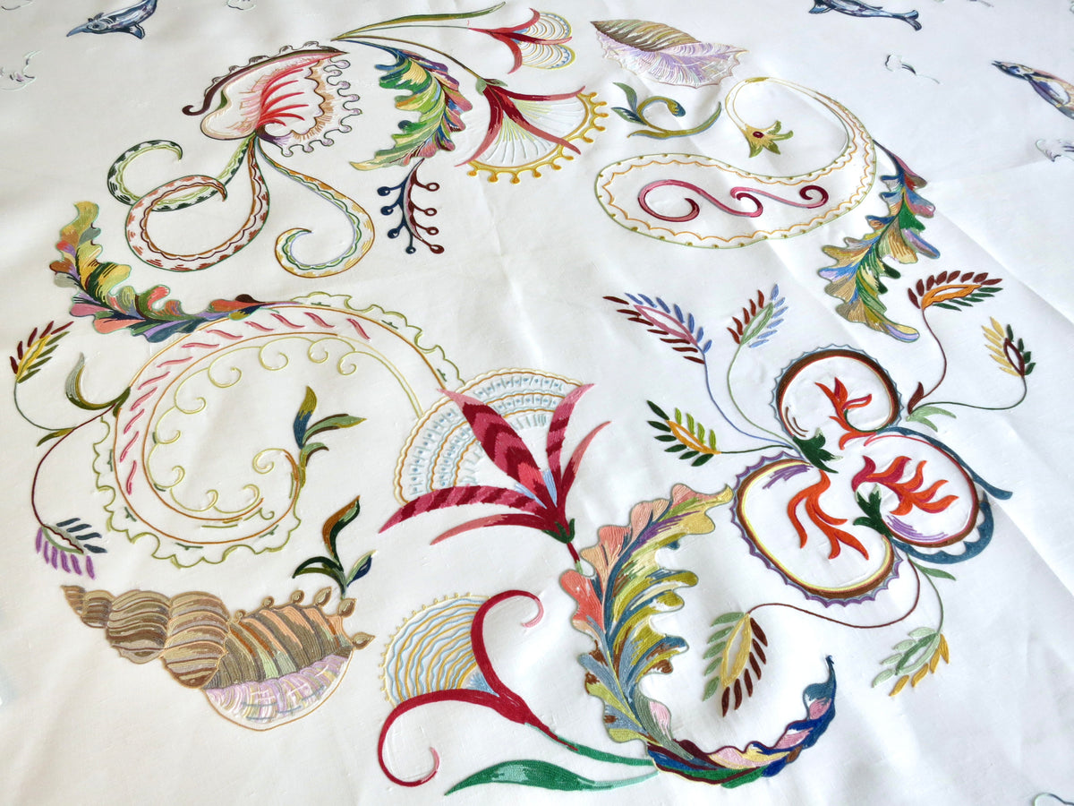 Fish Marine Life Vintage D Porthault Beauvais Embroidery Round Tablecloth &amp; Napkins