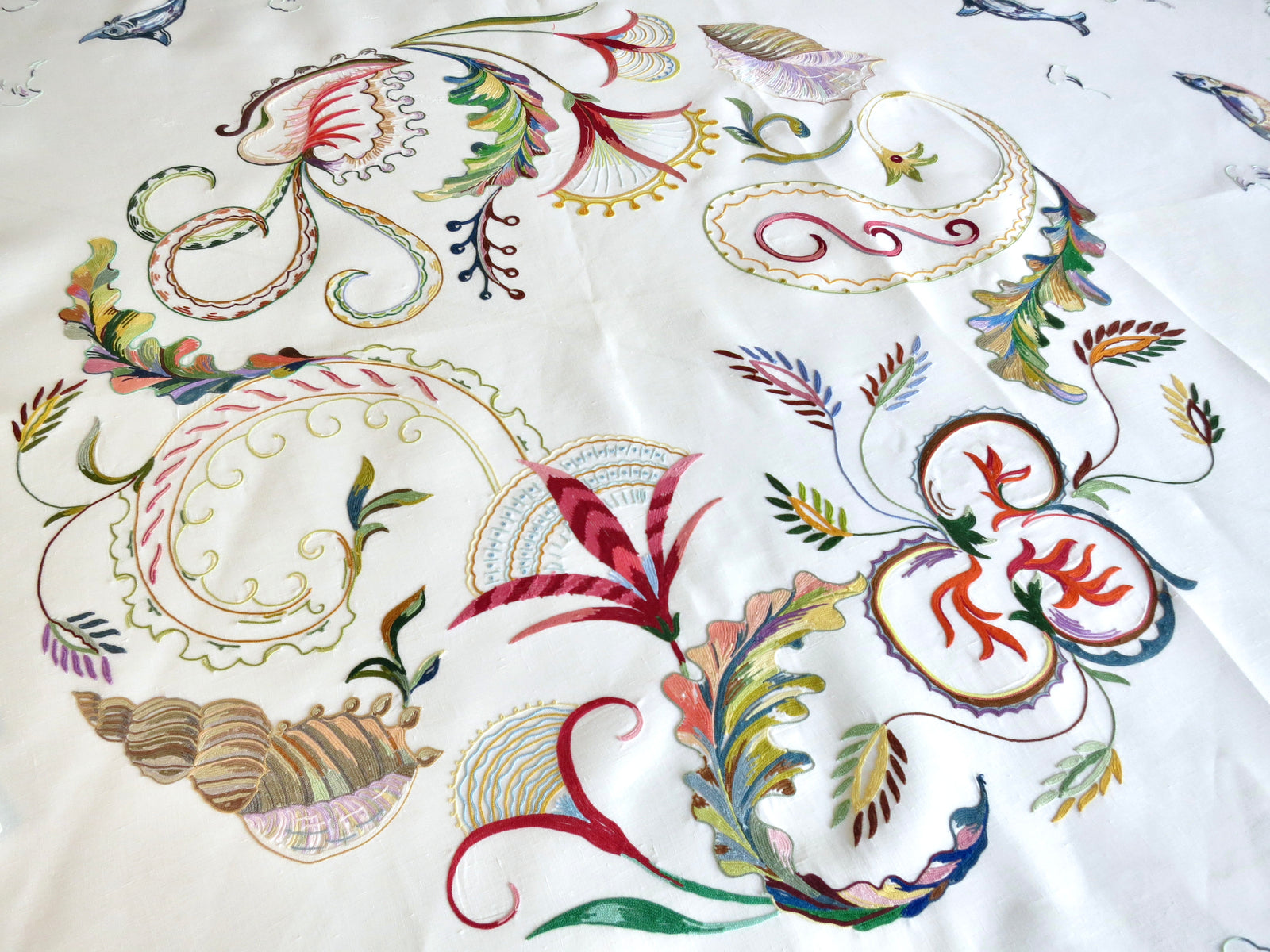 Fish Marine Life Vintage D Porthault Beauvais Embroidery Round Tablecloth & Napkins